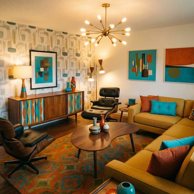 Mid-century modern room redesign from Homemy.